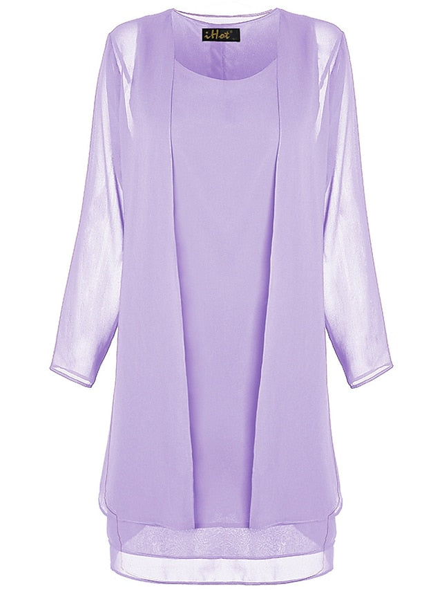 Women's Dress - Dress Set Two Piece Dress Church Dress Midi Dress Light Pink Black Wine Long Sleeve Pure Color Chiffon Summer Spring Crew Neck Stylish Winter Dress Fall Dress 2023 XL XXL 3XL 4XL 5XL