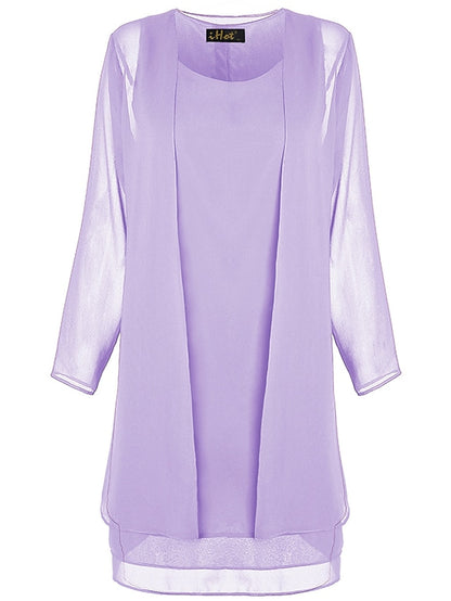 Women's Dress - Dress Set Two Piece Dress Church Dress Midi Dress Light Pink Black Wine Long Sleeve Pure Color Chiffon Summer Spring Crew Neck Stylish Winter Dress Fall Dress 2023 XL XXL 3XL 4XL 5XL
