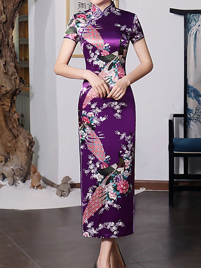 Women's Dress - Cheongsam Floral Mandarin Collar Chinoiserie Dress Long Dress Maxi Dress Light Pink Black Blue Short Sleeve Spring Summer Weekend S M L XL XXL 3XL 4XL 5XL 6XL