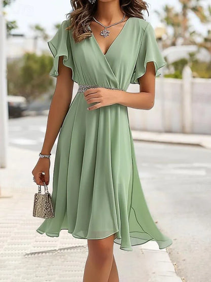Women's Bridesmaid Dress Midi Dress Chiffon Split Thigh Wedding Party Date Elegant V Neck Short Sleeve Green Color