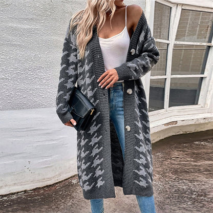 Women's Cardigan Sweater Jumper Ribbed Knit Tunic Button Knitted Houndstooth V Neck Stylish Elegant Outdoor Daily Winter Fall Fuchsia Gray S M L / Long Sleeve / Holiday / Casual / Regular Fit