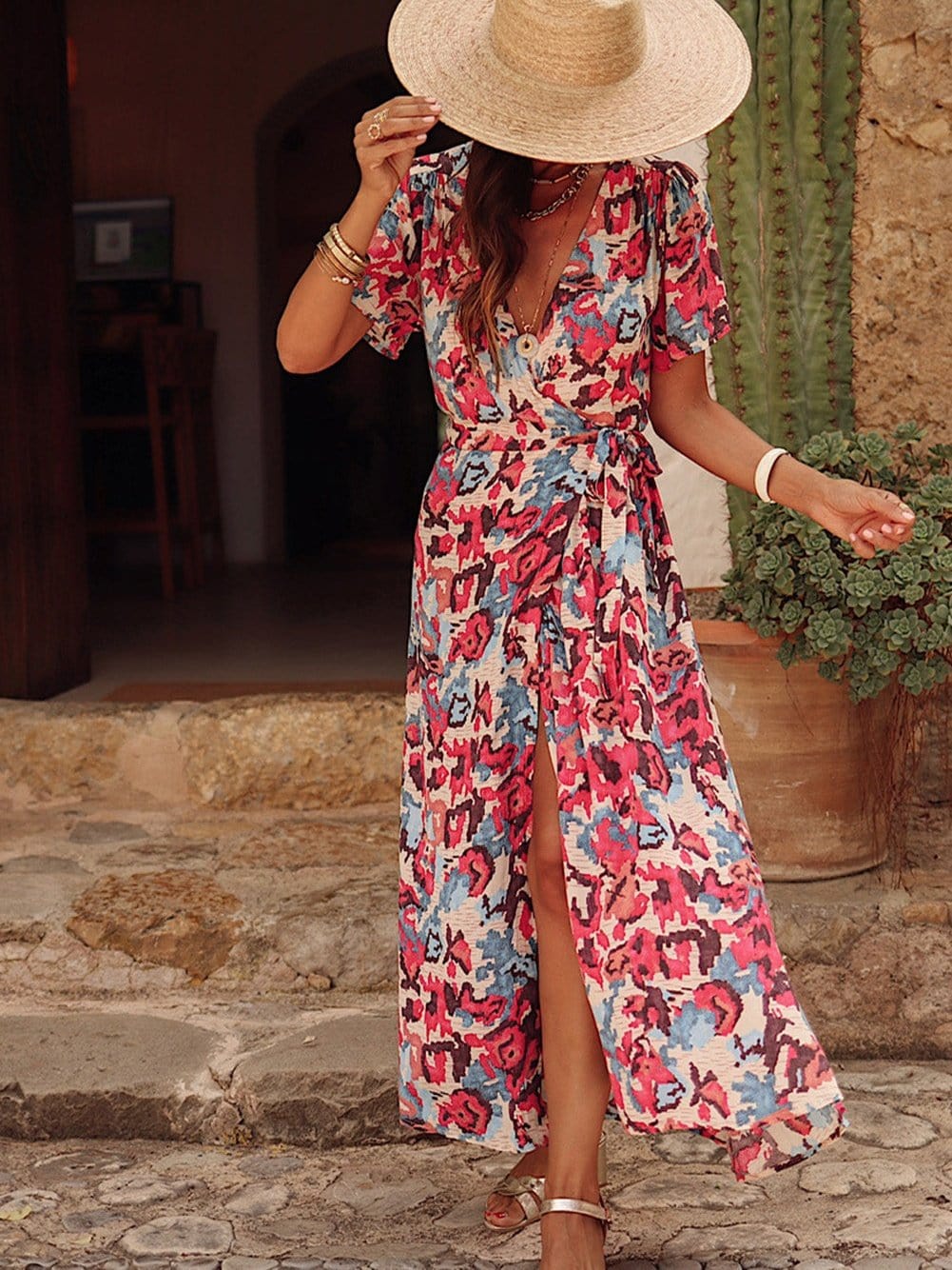 Red Boho Abstract Print Maxi Dress with Side Slit