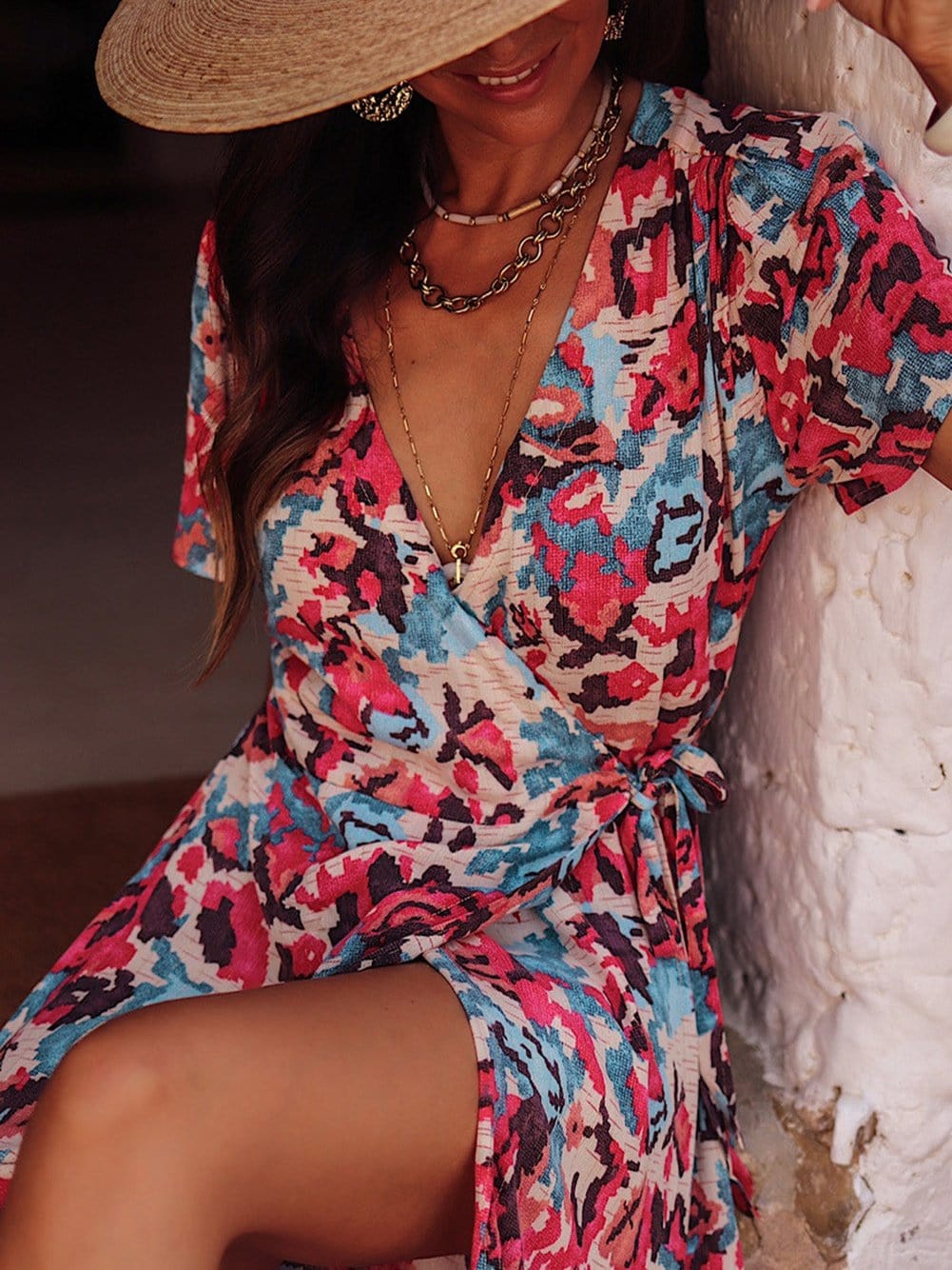 Red Boho Abstract Print Maxi Dress with Side Slit