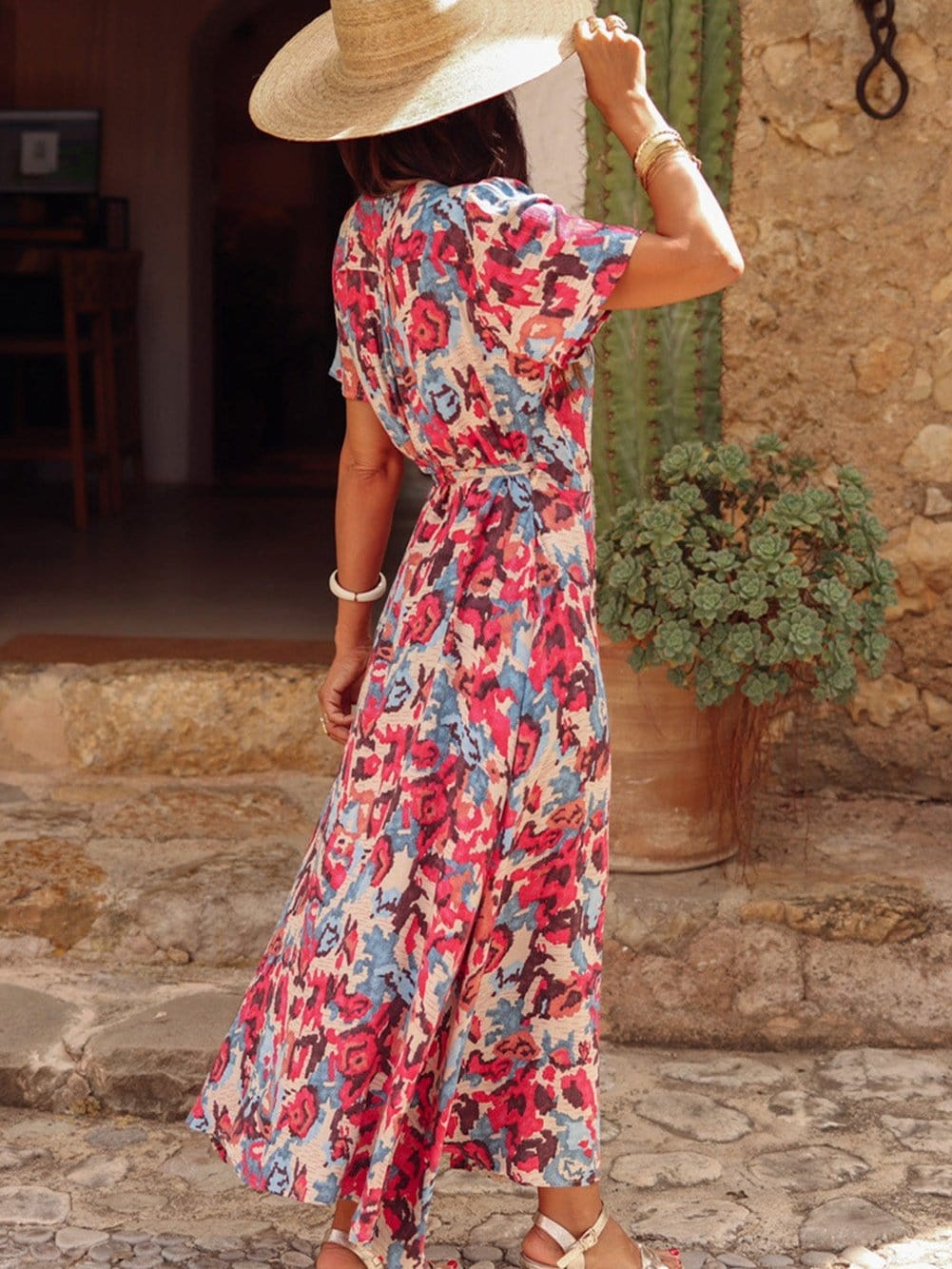 Red Boho Abstract Print Maxi Dress with Side Slit