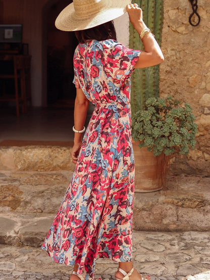 Red Boho Abstract Print Maxi Dress with Side Slit