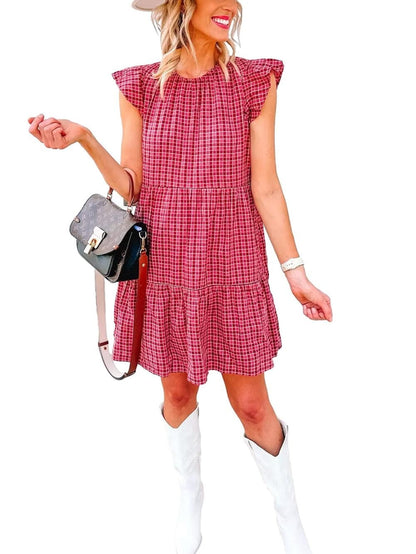 Red Clay Plaid Print Mini Dress with Flutter Sleeves and Ruffle Tiers