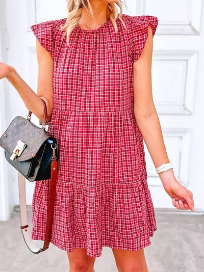 Red Clay Plaid Print Mini Dress with Flutter Sleeves and Ruffle Tiers