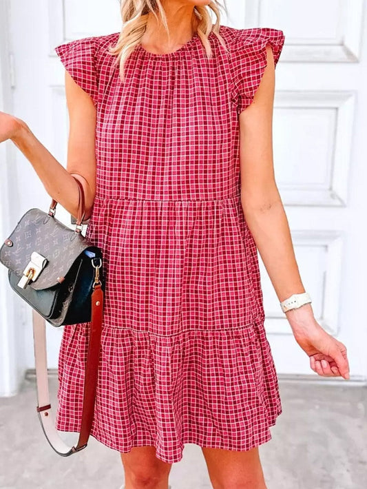 Red Clay Plaid Print Mini Dress with Flutter Sleeves and Ruffle Tiers