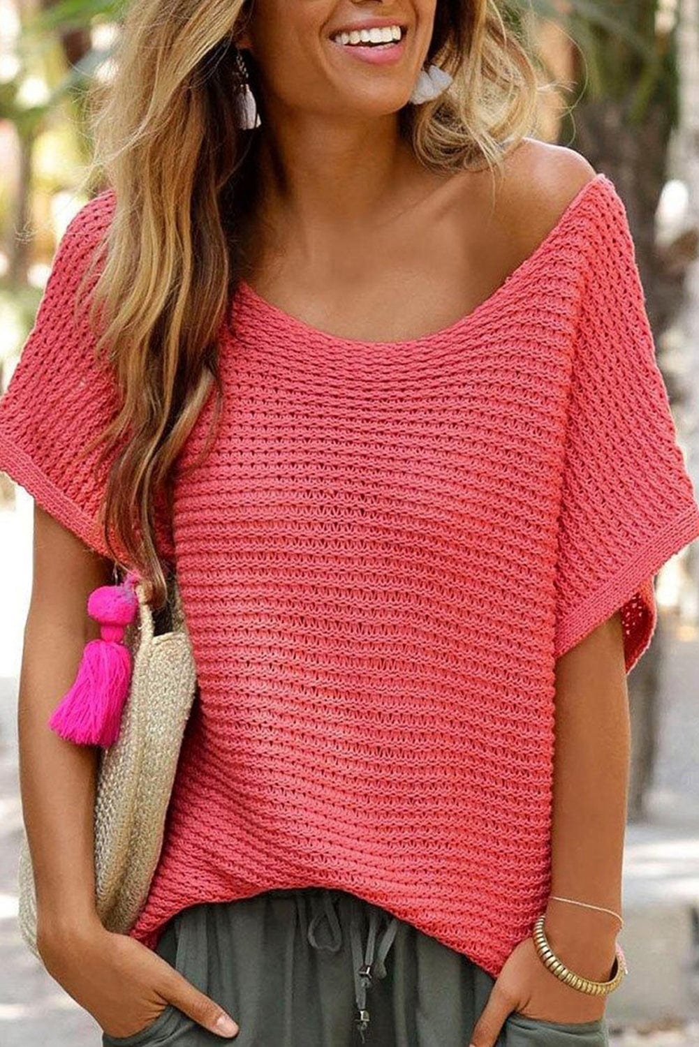 Red Clay Solid Boat Neck Dolman Sleeve Sweater