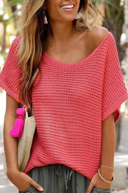Red Clay Solid Boat Neck Dolman Sleeve Sweater