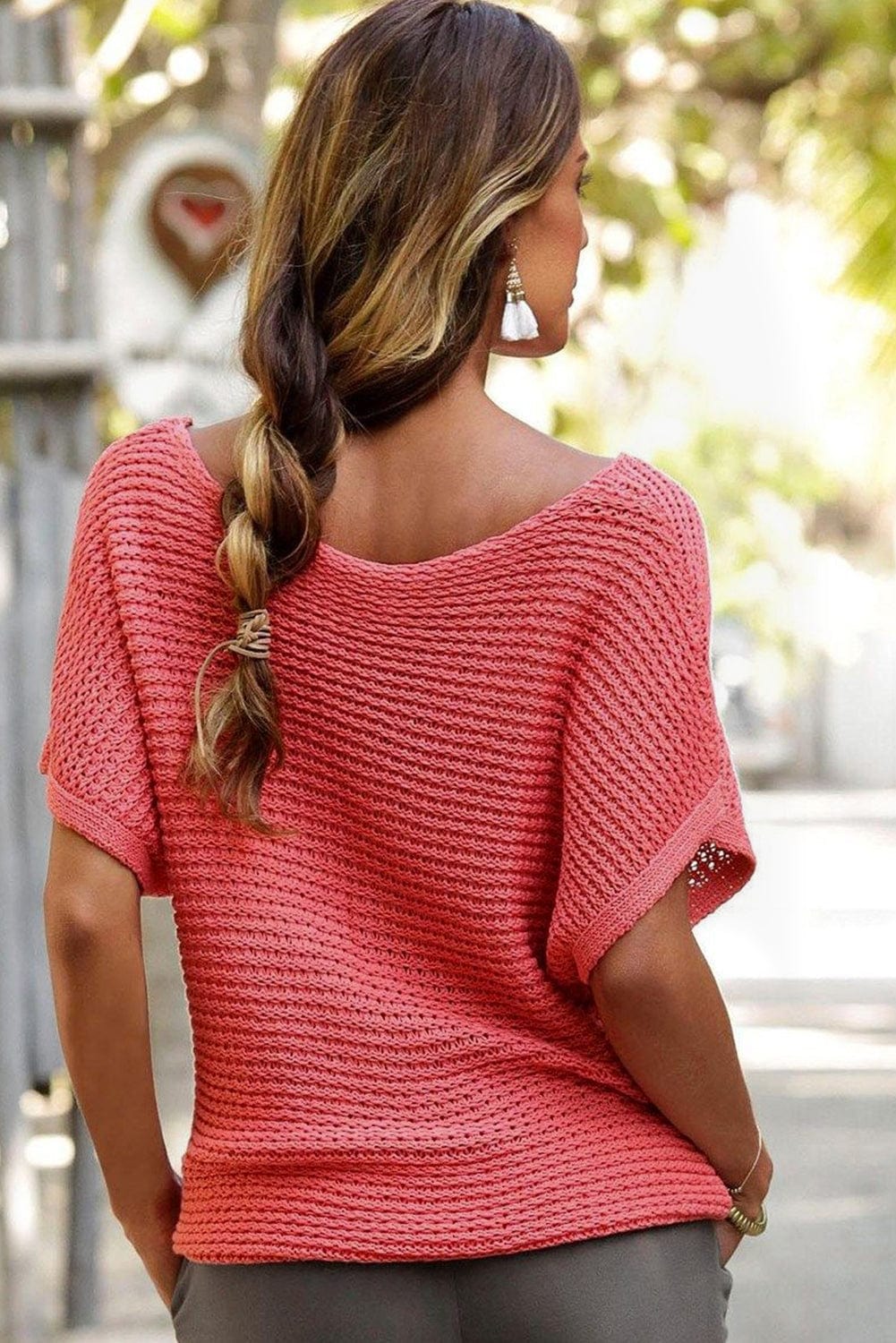 Red Clay Solid Boat Neck Dolman Sleeve Sweater