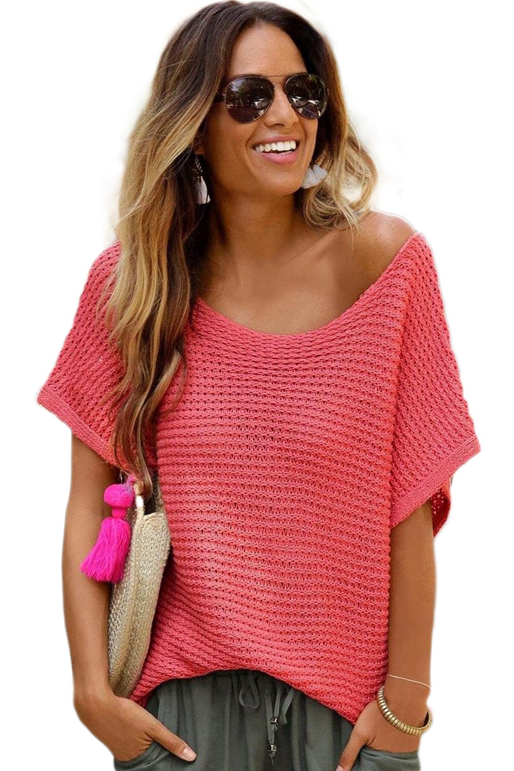 Red Clay Solid Boat Neck Dolman Sleeve Sweater