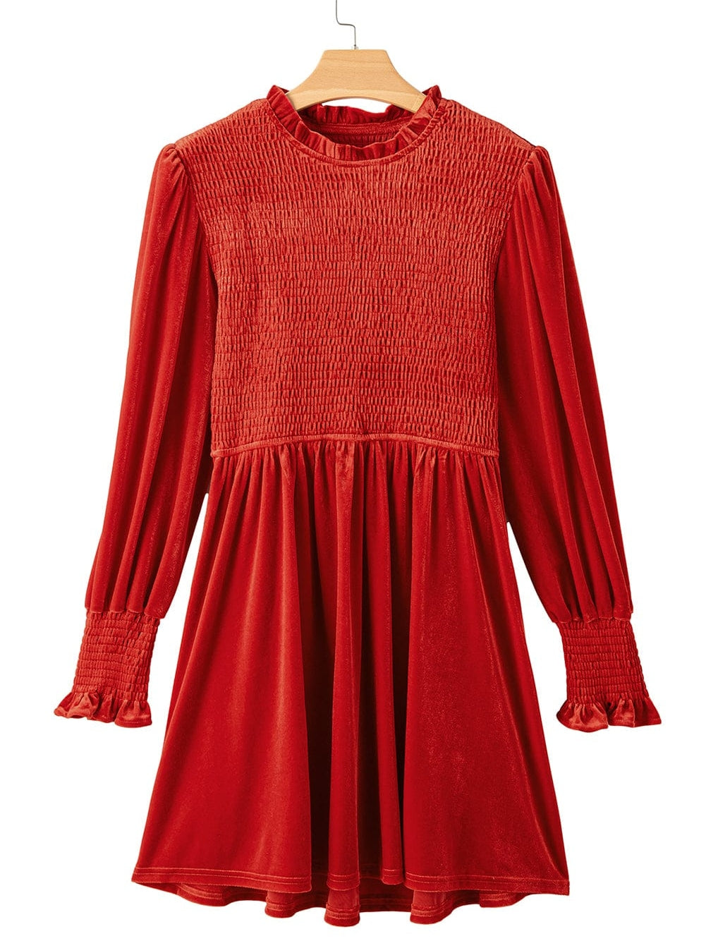 Red Clay Velvet Frilled Neck A-Line Mini Dress with Smocked Bodice