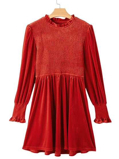Red Clay Velvet Frilled Neck A-Line Mini Dress with Smocked Bodice