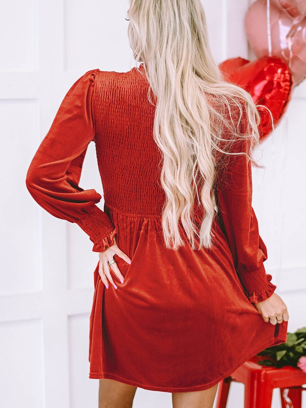 Red Clay Velvet Frilled Neck A-Line Mini Dress with Smocked Bodice