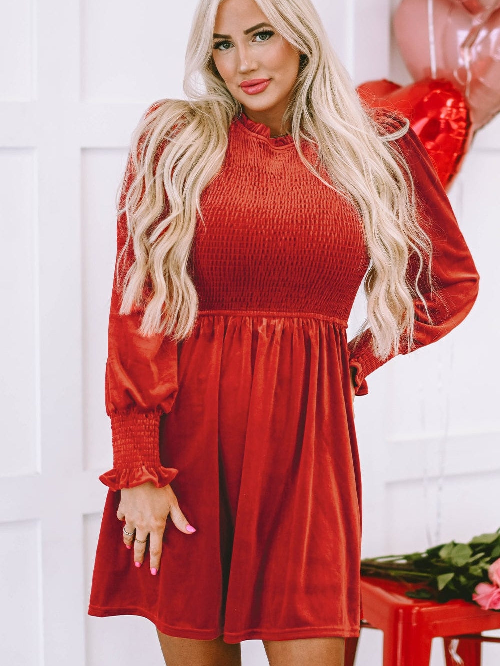 Red Clay Velvet Frilled Neck A-Line Mini Dress with Smocked Bodice