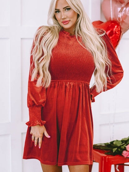 Red Clay Velvet Frilled Neck A-Line Mini Dress with Smocked Bodice