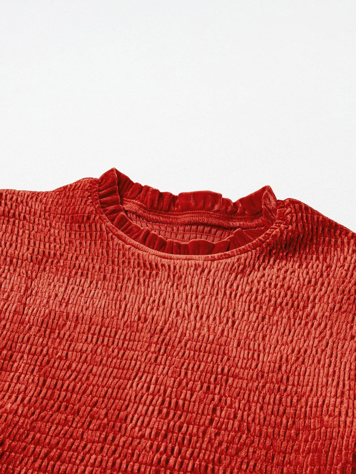 Red Clay Velvet Frilled Neck A-Line Mini Dress with Smocked Bodice