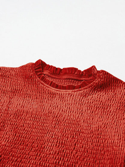 Red Clay Velvet Frilled Neck A-Line Mini Dress with Smocked Bodice