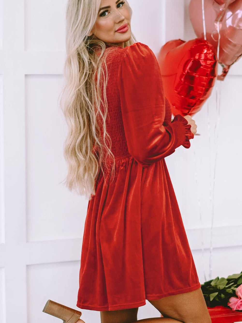 Red Clay Velvet Frilled Neck A-Line Mini Dress with Smocked Bodice