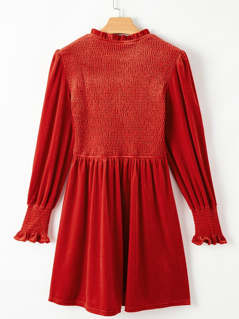 Red Clay Velvet Frilled Neck A-Line Mini Dress with Smocked Bodice