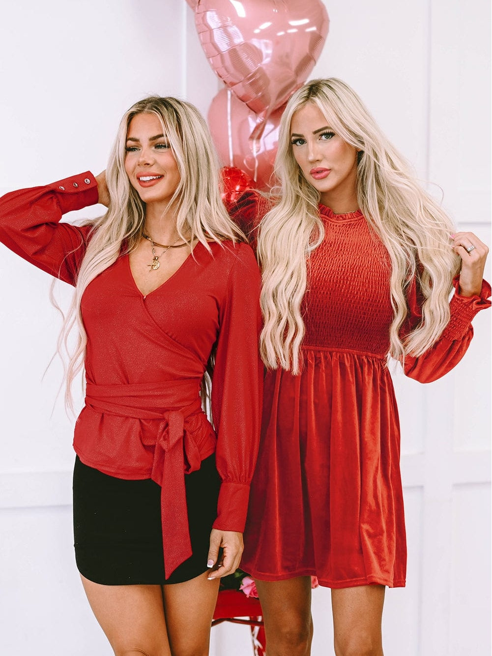 Red Clay Velvet Frilled Neck A-Line Mini Dress with Smocked Bodice