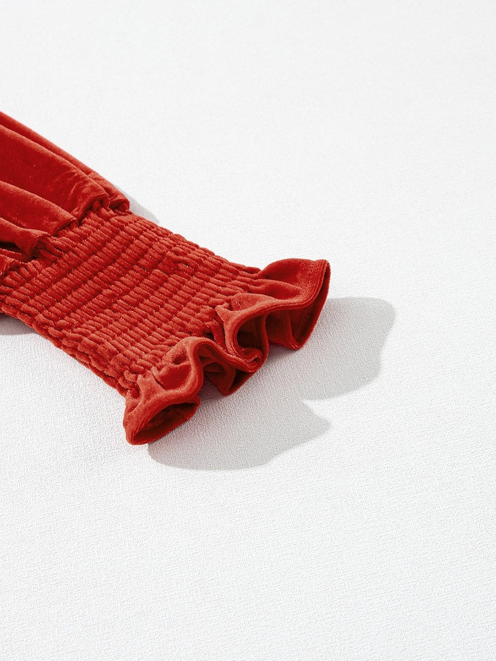 Red Clay Velvet Frilled Neck A-Line Mini Dress with Smocked Bodice