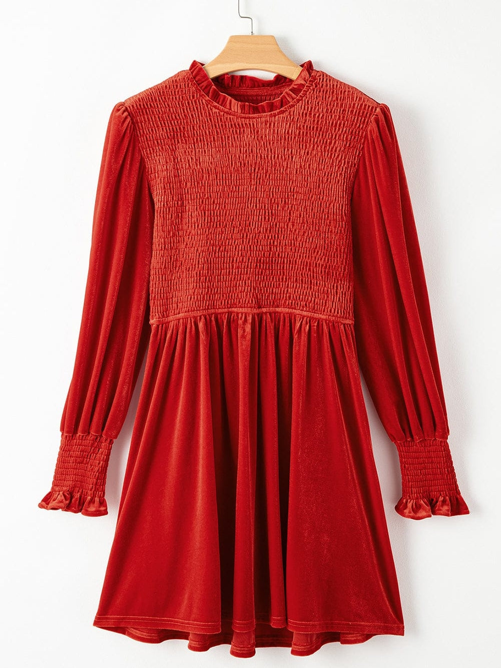 Red Clay Velvet Frilled Neck A-Line Mini Dress with Smocked Bodice