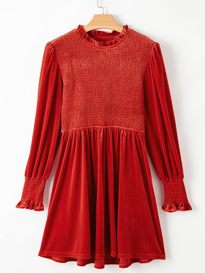Red Clay Velvet Frilled Neck A-Line Mini Dress with Smocked Bodice