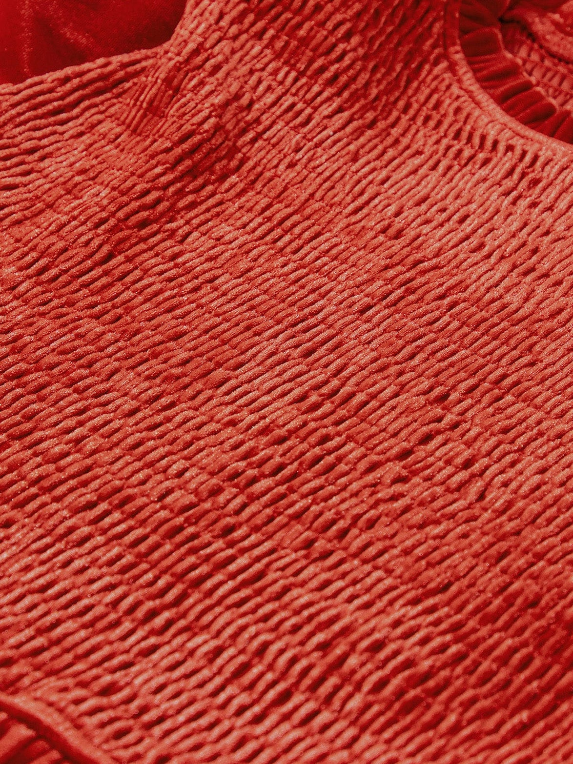 Red Clay Velvet Frilled Neck A-Line Mini Dress with Smocked Bodice