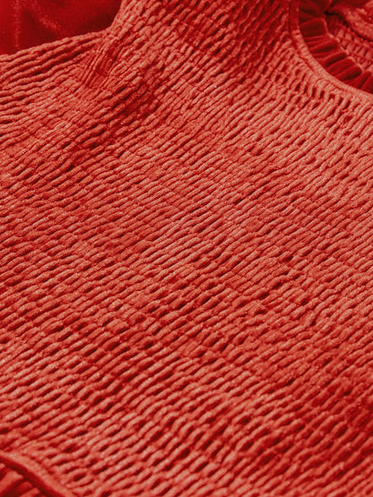 Red Clay Velvet Frilled Neck A-Line Mini Dress with Smocked Bodice