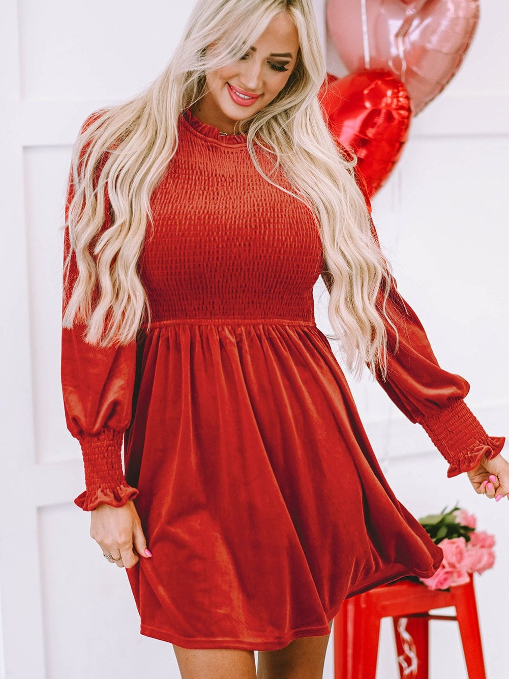 Red Clay Velvet Frilled Neck A-Line Mini Dress with Smocked Bodice