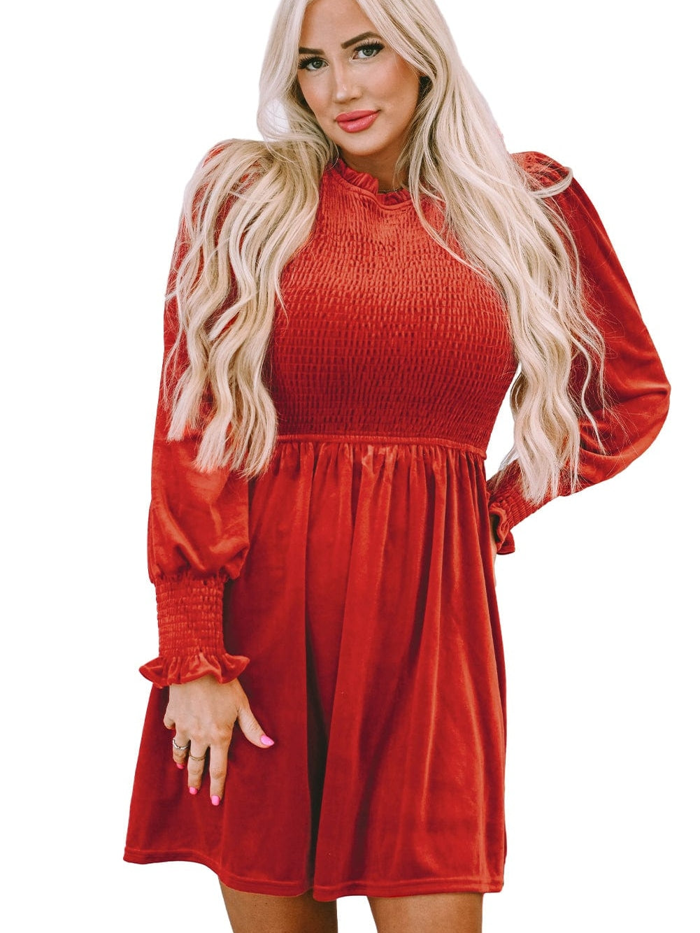 Red Clay Velvet Frilled Neck A-Line Mini Dress with Smocked Bodice