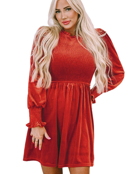 Red Clay Velvet Frilled Neck A-Line Mini Dress with Smocked Bodice