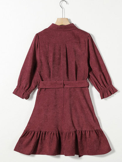 Red Corduroy Dahlia Shirt Dress with Ruffled Hem and Collared Front Buttons