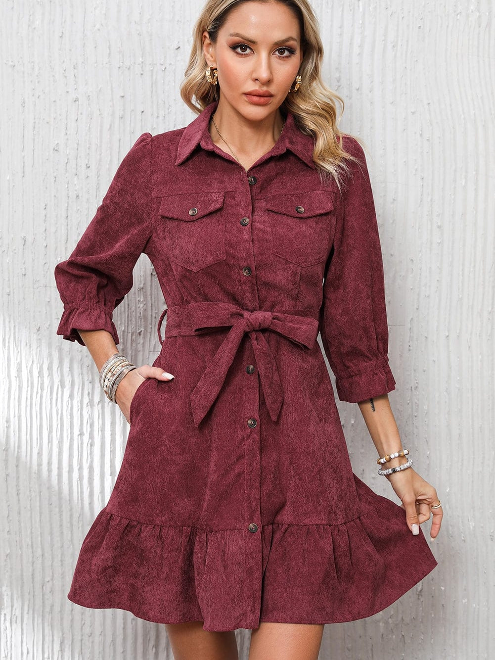 Red Corduroy Dahlia Shirt Dress with Ruffled Hem and Collared Front Buttons