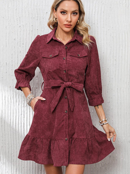 Red Corduroy Dahlia Shirt Dress with Ruffled Hem and Collared Front Buttons