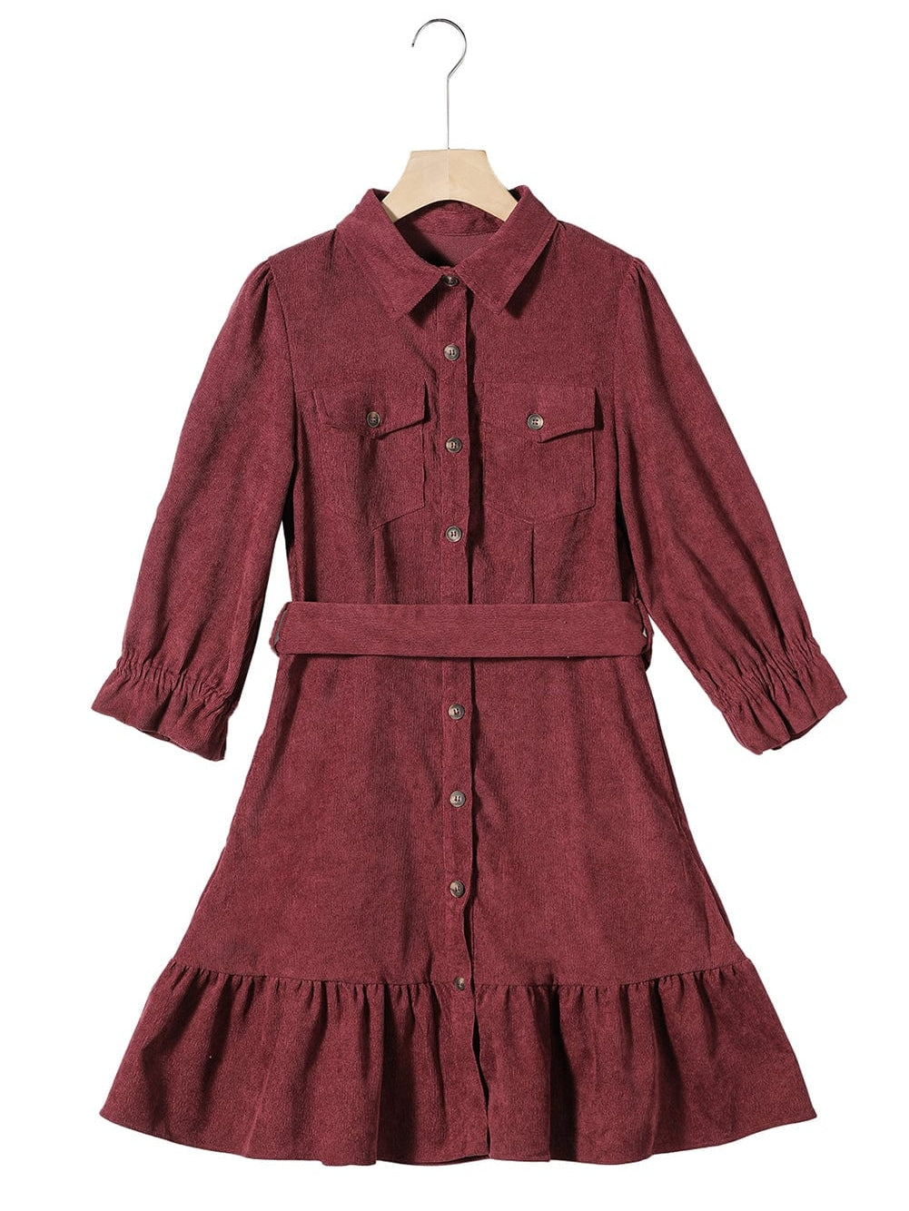 Red Corduroy Dahlia Shirt Dress with Ruffled Hem and Collared Front Buttons