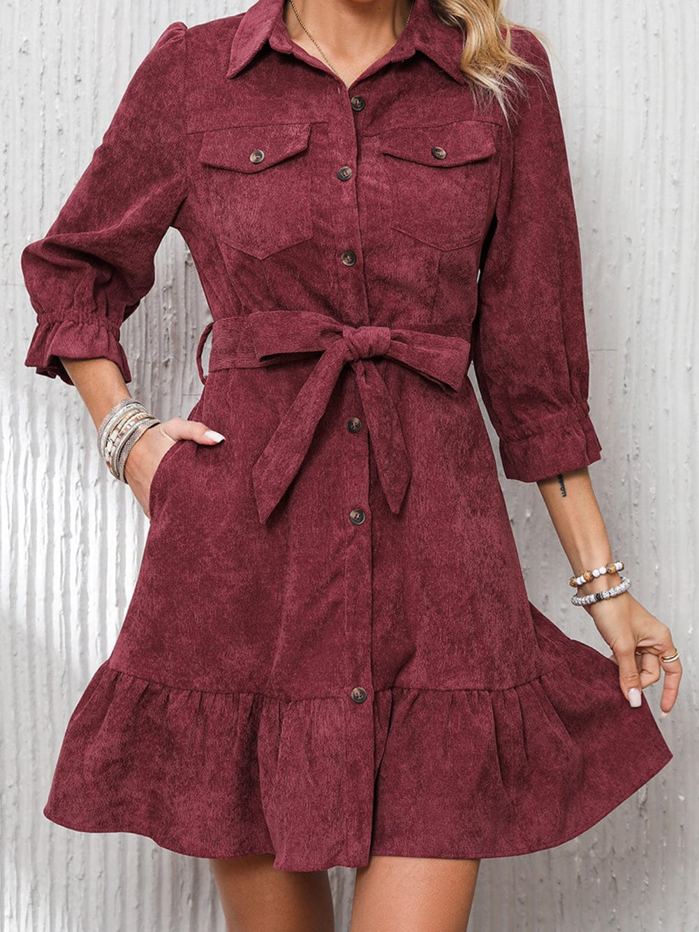 Red Corduroy Dahlia Shirt Dress with Ruffled Hem and Collared Front Buttons