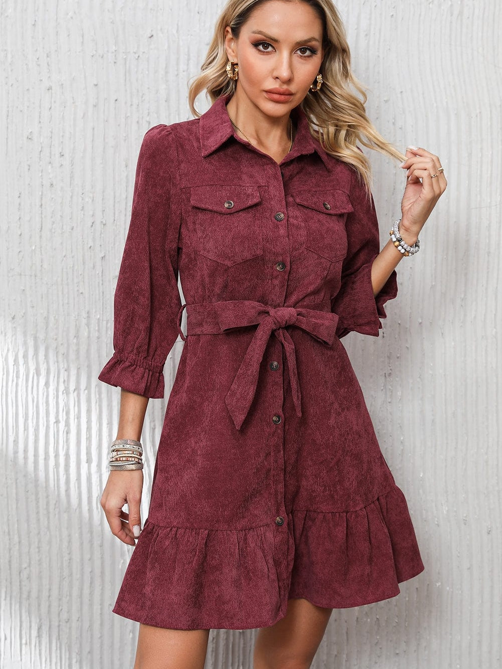 Red Corduroy Dahlia Shirt Dress with Ruffled Hem and Collared Front Buttons