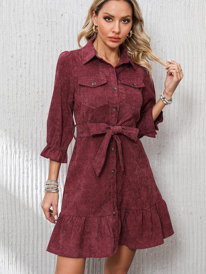 Red Corduroy Dahlia Shirt Dress with Ruffled Hem and Collared Front Buttons