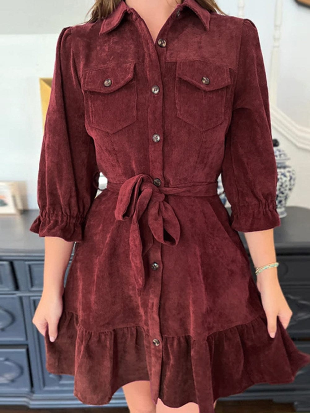 Red Corduroy Dahlia Shirt Dress with Ruffled Hem and Collared Front Buttons