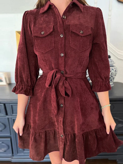 Red Corduroy Dahlia Shirt Dress with Ruffled Hem and Collared Front Buttons
