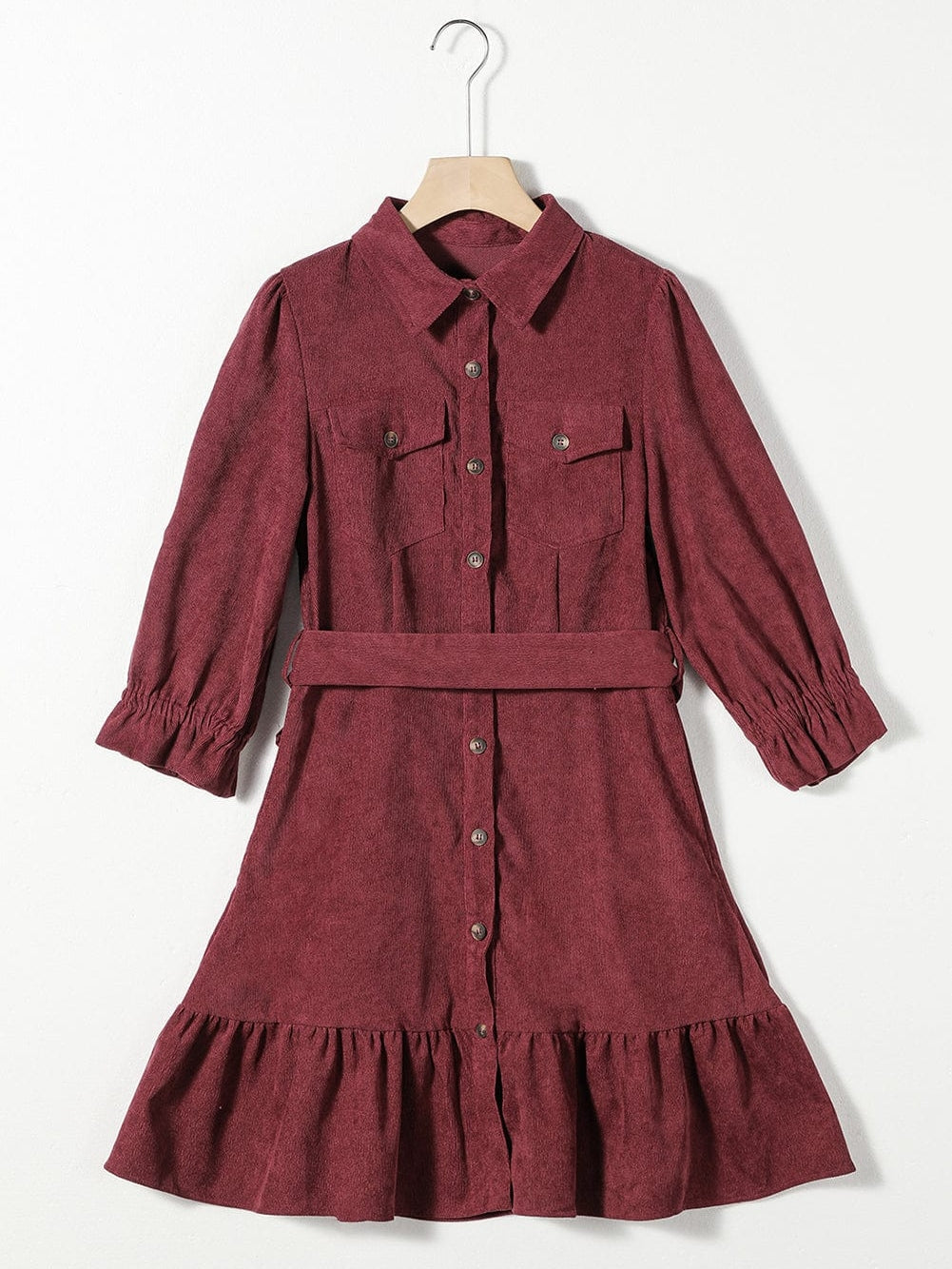 Red Corduroy Dahlia Shirt Dress with Ruffled Hem and Collared Front Buttons