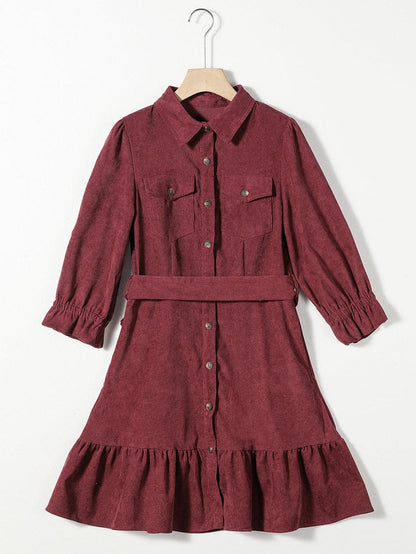 Red Corduroy Dahlia Shirt Dress with Ruffled Hem and Collared Front Buttons