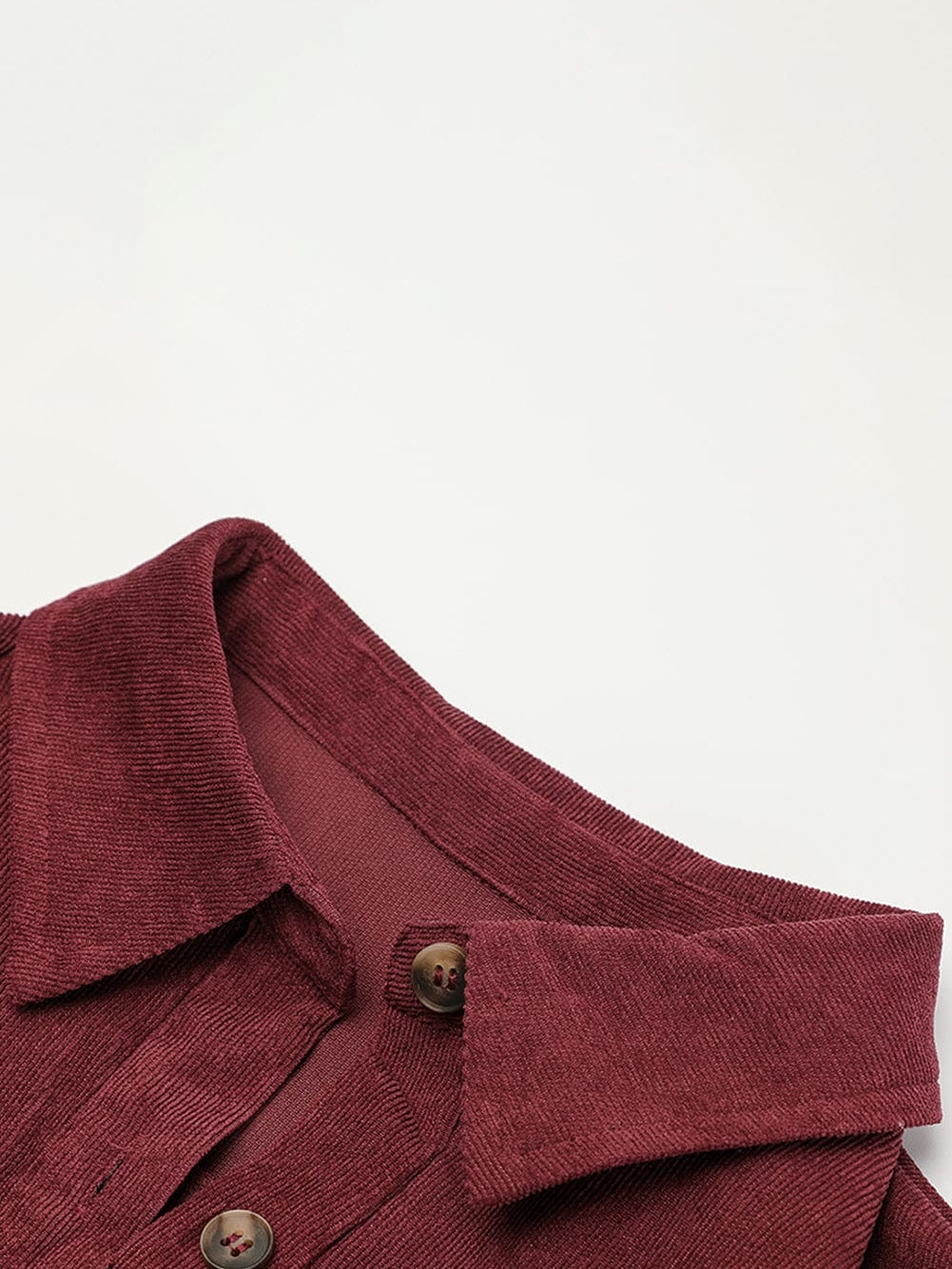 Red Corduroy Dahlia Shirt Dress with Ruffled Hem and Collared Front Buttons