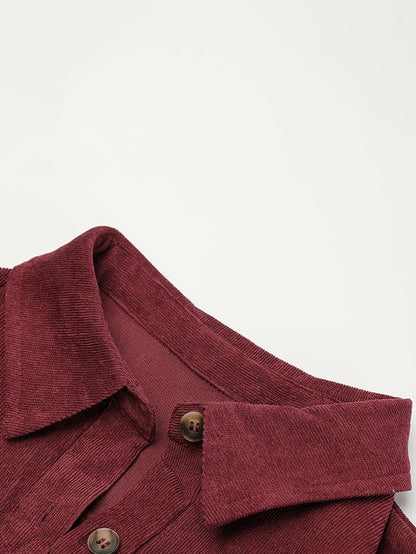 Red Corduroy Dahlia Shirt Dress with Ruffled Hem and Collared Front Buttons