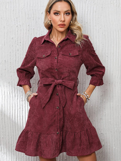 Red Corduroy Dahlia Shirt Dress with Ruffled Hem and Collared Front Buttons