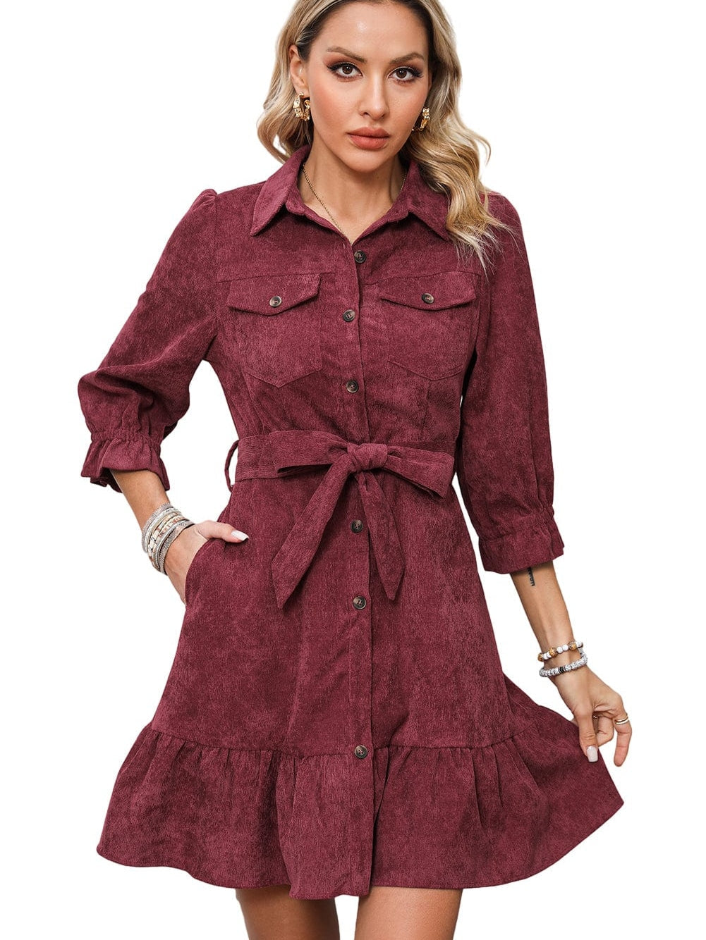 Red Corduroy Dahlia Shirt Dress with Ruffled Hem and Collared Front Buttons