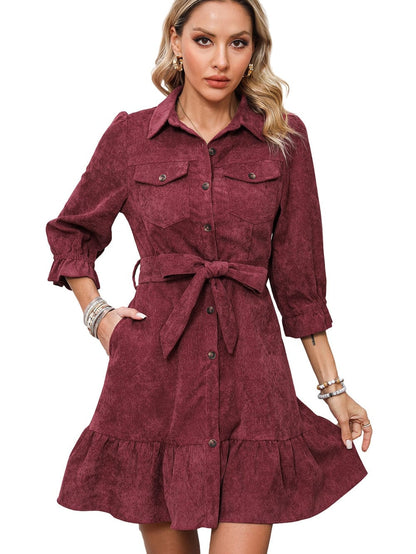Red Corduroy Dahlia Shirt Dress with Ruffled Hem and Collared Front Buttons